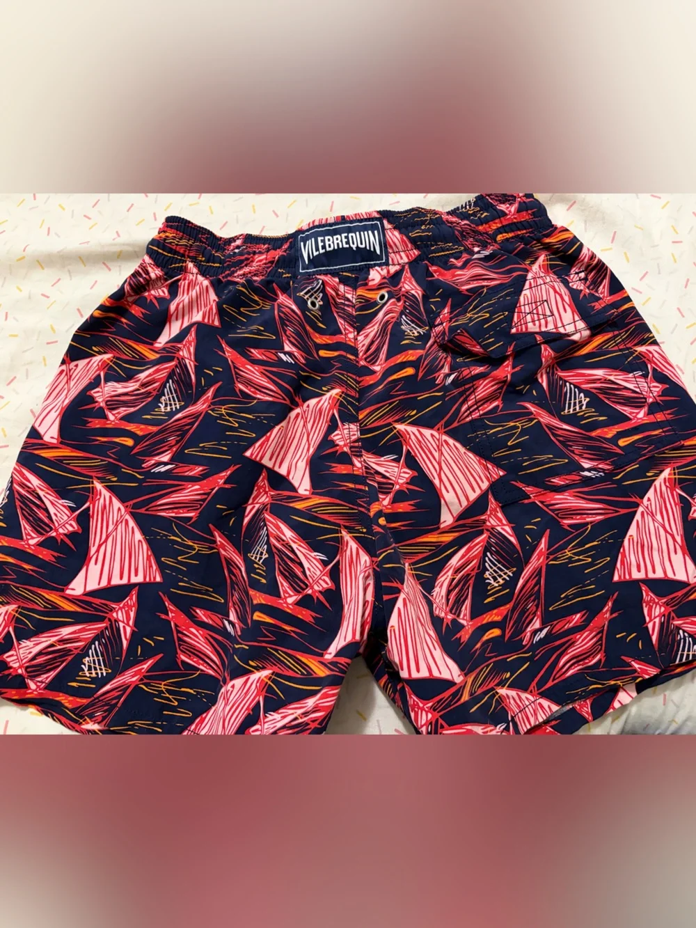 Vilebrequin Navy Swim Trunks with Pink and Orange Pattern